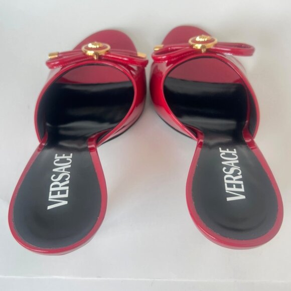 Versace Opera Bow Slides Women Red Leather Heels Medusa Sandals Size 38.5 US8.5 - Picture 6 of 12